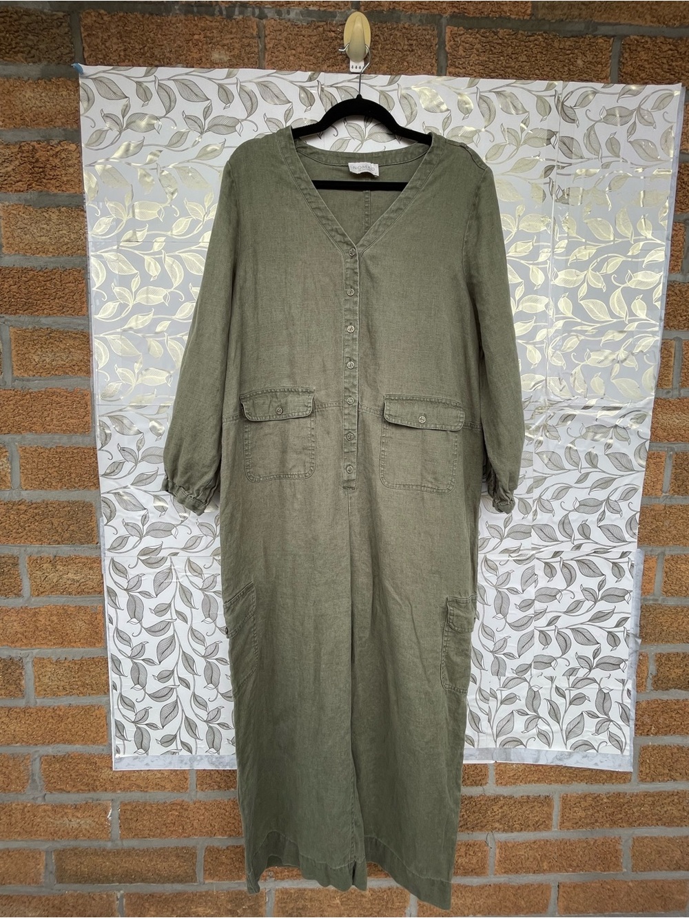 Nomad the Label Linen Cargo Jumpsuit M Lagenlook Olive Green Utility Romper